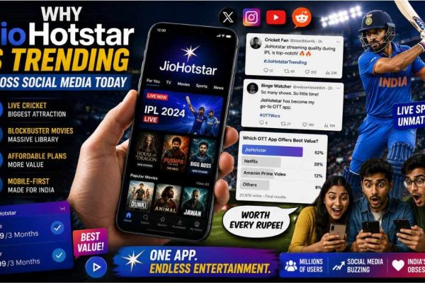 JioHotstar trending discussion showing OTT streaming app screens with reaction emojis and mobile viewers