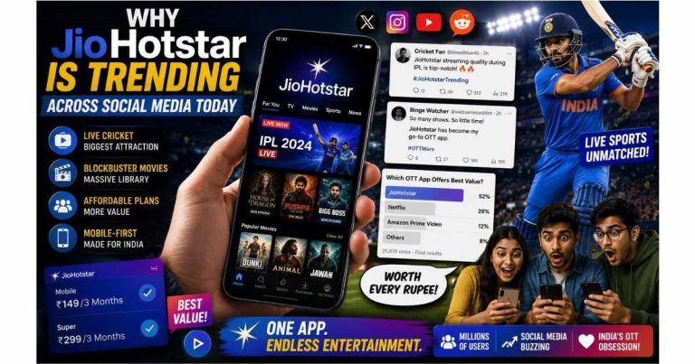 JioHotstar trending discussion showing OTT streaming app screens with reaction emojis and mobile viewers
