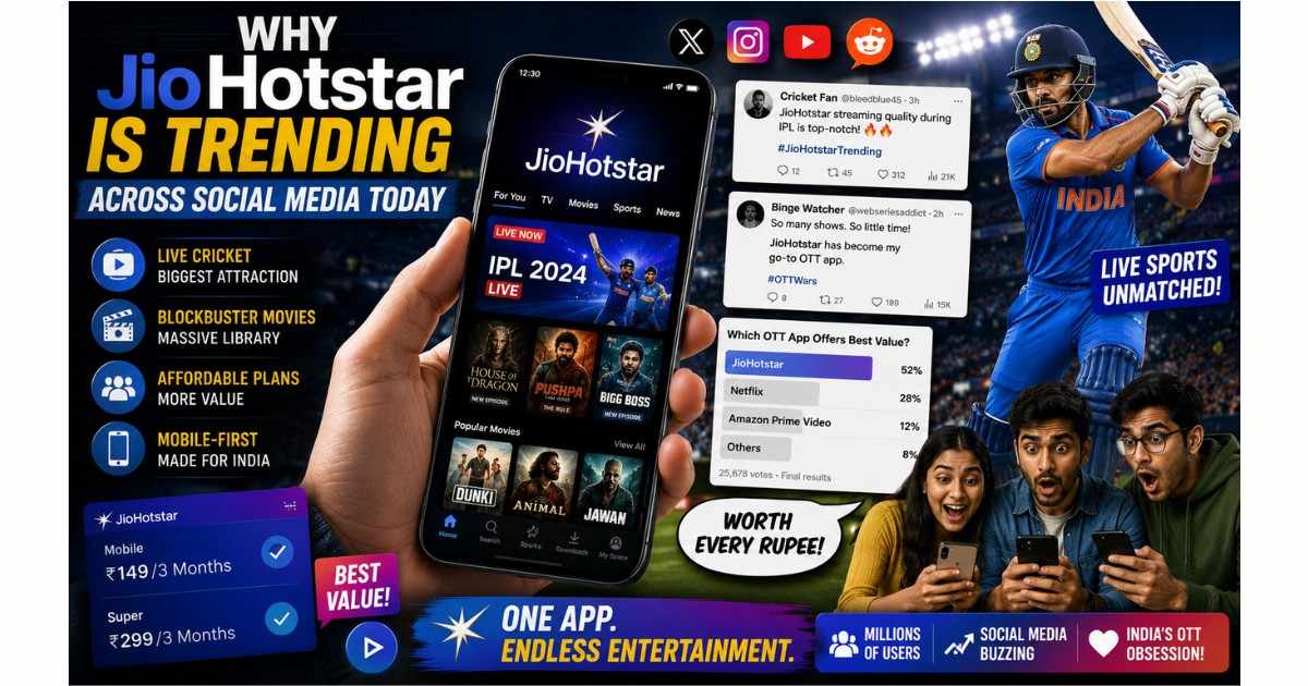 JioHotstar trending discussion showing OTT streaming app screens with reaction emojis and mobile viewers