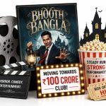 Bhooth Bangla inspired editorial illustration featuring haunted house, film reel and spooky Bollywood cinema elements on white background