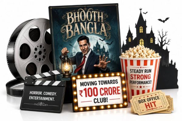 Bhooth Bangla inspired editorial illustration featuring haunted house, film reel and spooky Bollywood cinema elements on white background