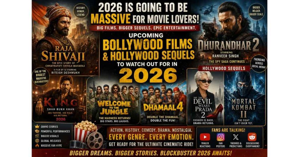 A montage of upcoming Bollywood films and Hollywood sequels creating massive excitement among cinema fans in 2026.