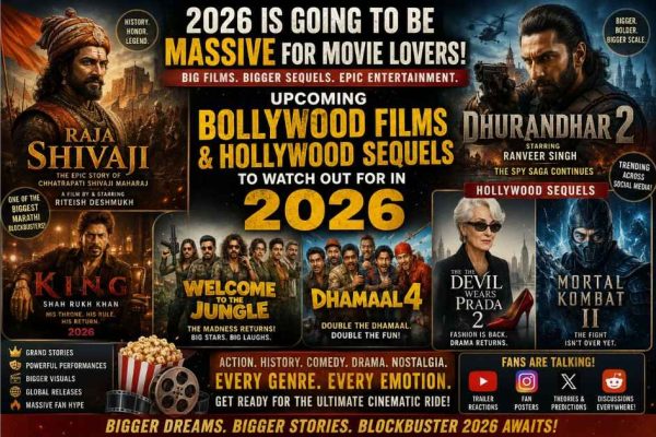 A montage of upcoming Bollywood films and Hollywood sequels creating massive excitement among cinema fans in 2026.