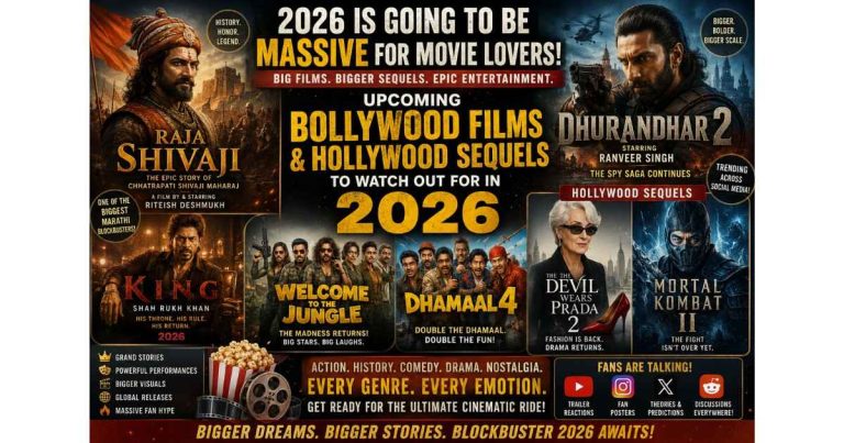 A montage of upcoming Bollywood films and Hollywood sequels creating massive excitement among cinema fans in 2026.